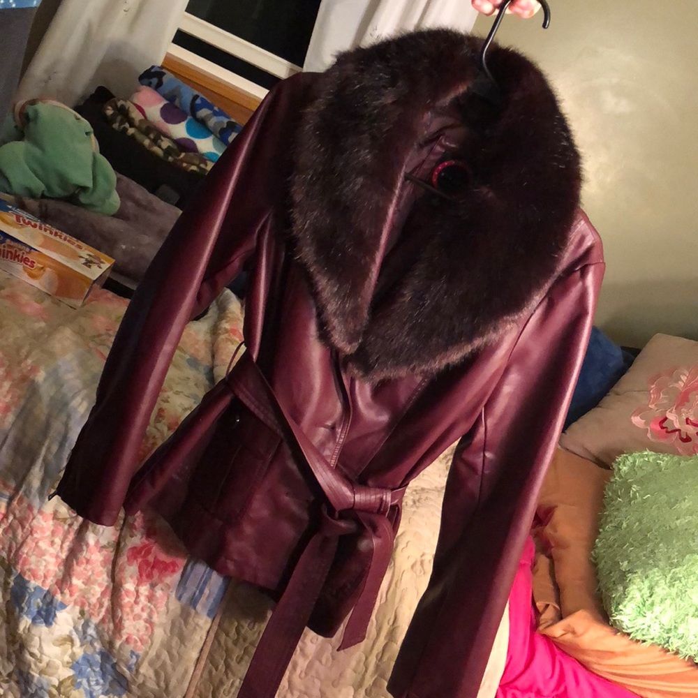 LARGE polyester and fake fur maroon coat